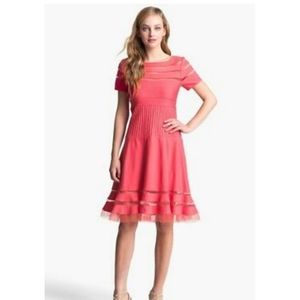 Tadashi Shoji Pintuck Jersey Cutout Mesh Stripe Jet Apple Red Dress Medium